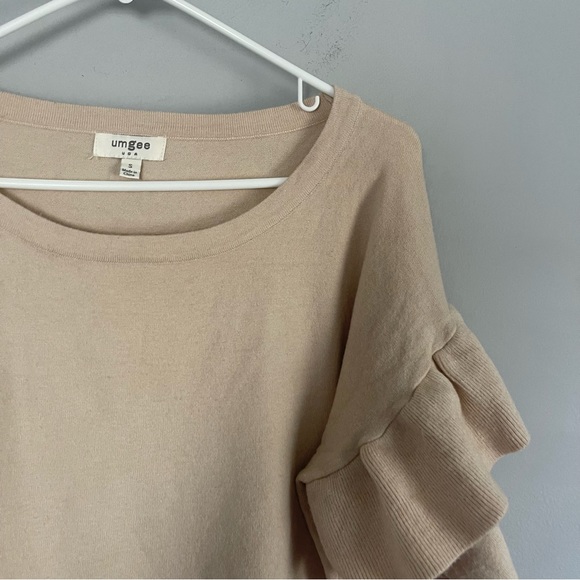 Umgee Ruffle Sweater Crew Neck Pullover Tan Blush Long Sleeve sz S - Picture 4 of 6